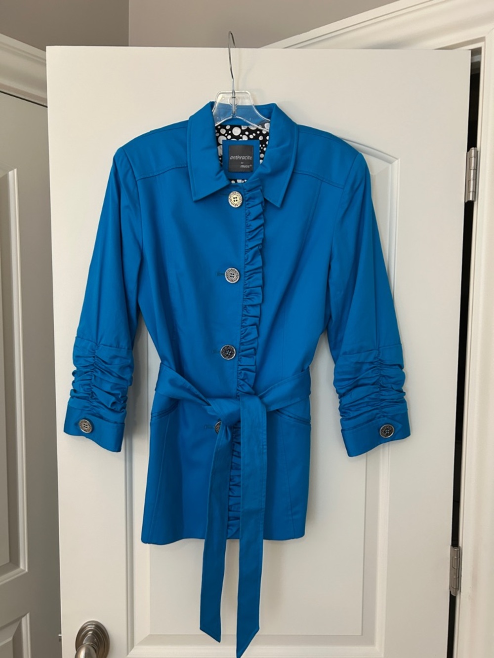Muse Vibrant Teal Belted Ruffle-Trim Trench Coat